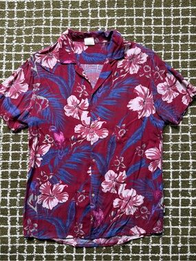 Insight Tropical Floral Button-Up Shirt - Burgundy with Pink & Blue